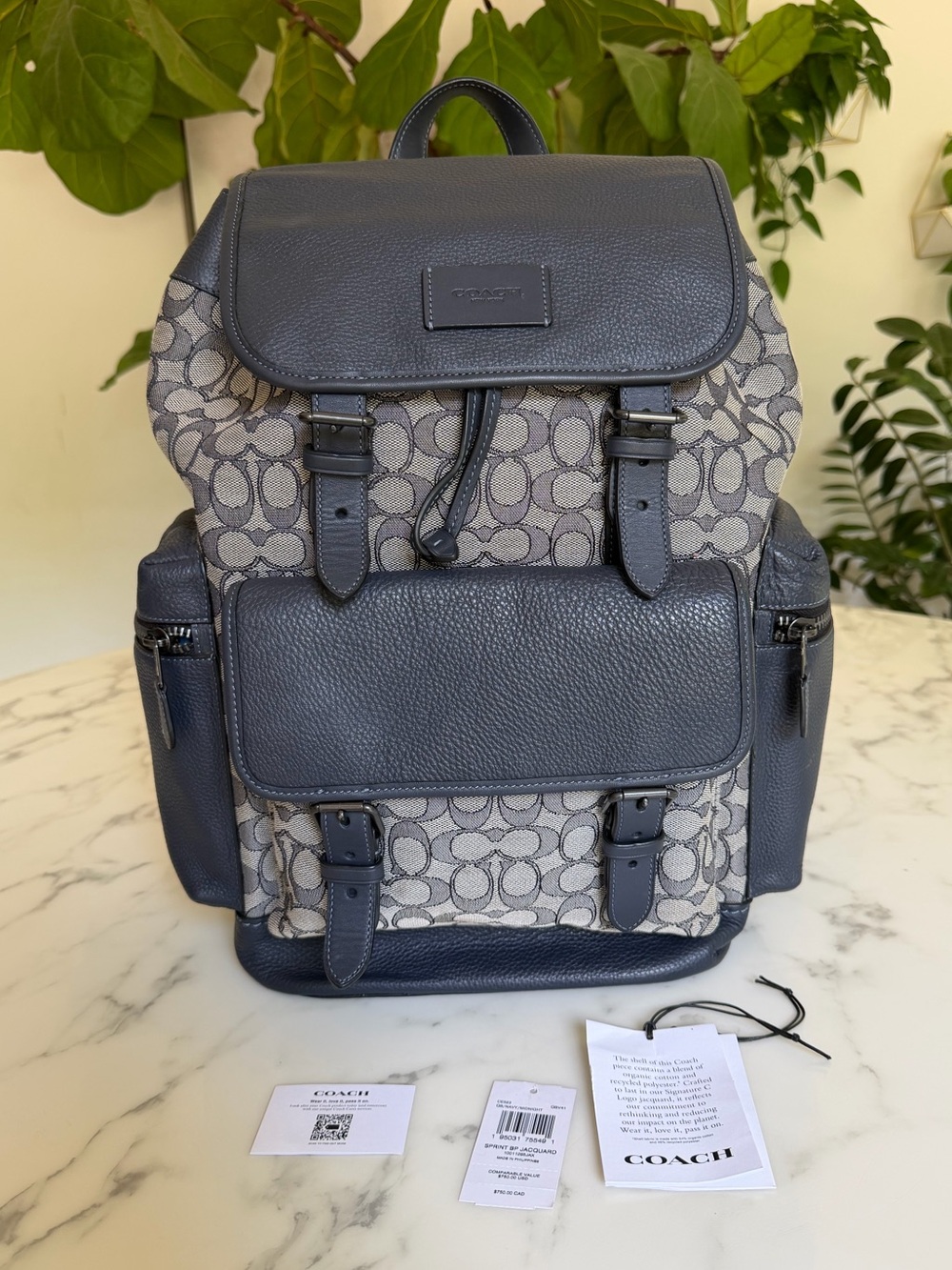 Coach Sprint Backpack In Signature Jacquard & Leather Midnight Navy Blue CE523